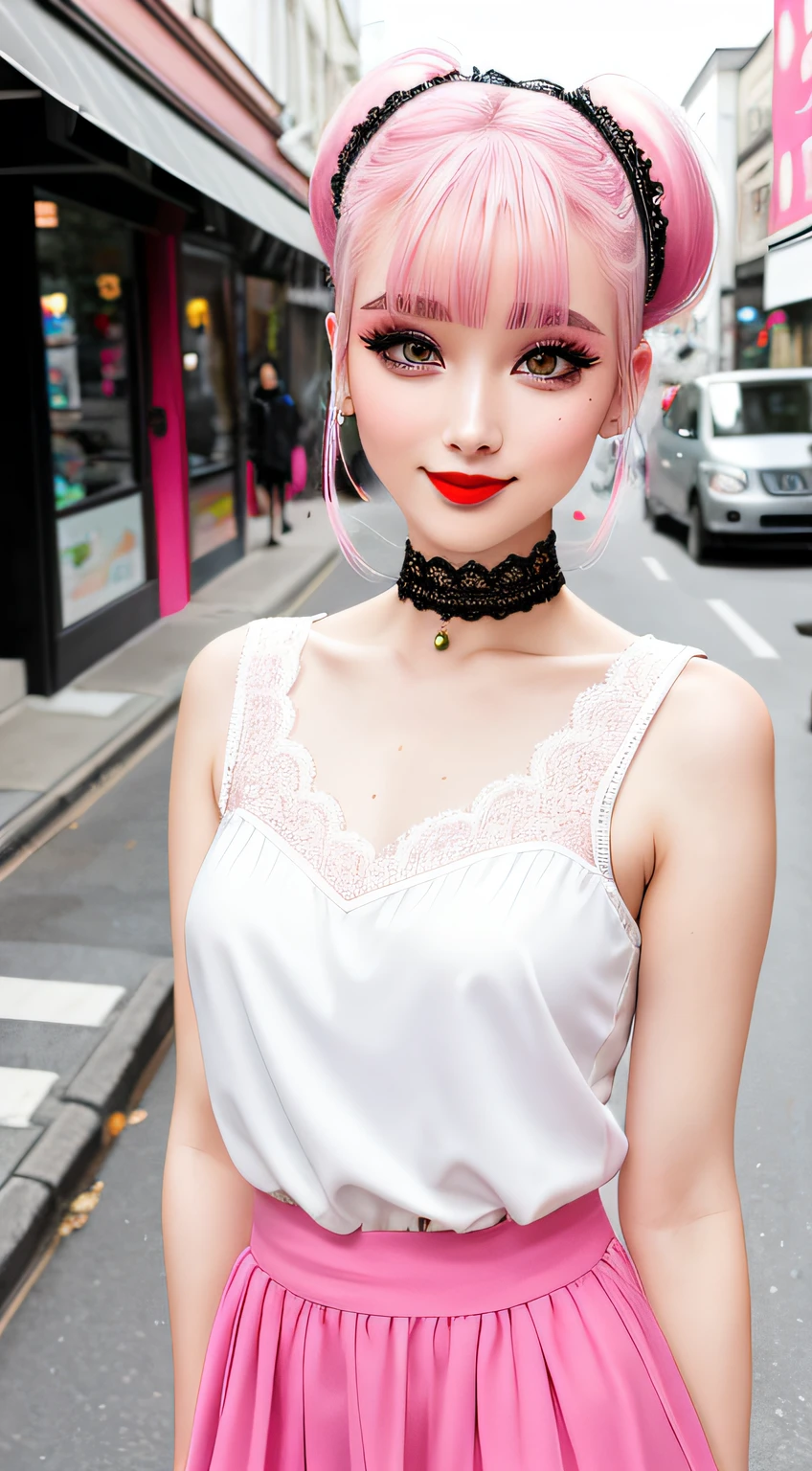 full body, photo of lady in a mini green with (white polka dots:0.9) top, loose white chiffon pants, solo, oval face, short hair, , pale skin, Detailed skin, skin pores, (high ponytail), scrunchies, Harajuku street, looking at away, make up, puffy eyes, dynamic pose, lace choker,bangs, (platinum pink hair:1.25), black eyeshadow, long eyelashes, red lip, street smiling, outdoors, walk, street background