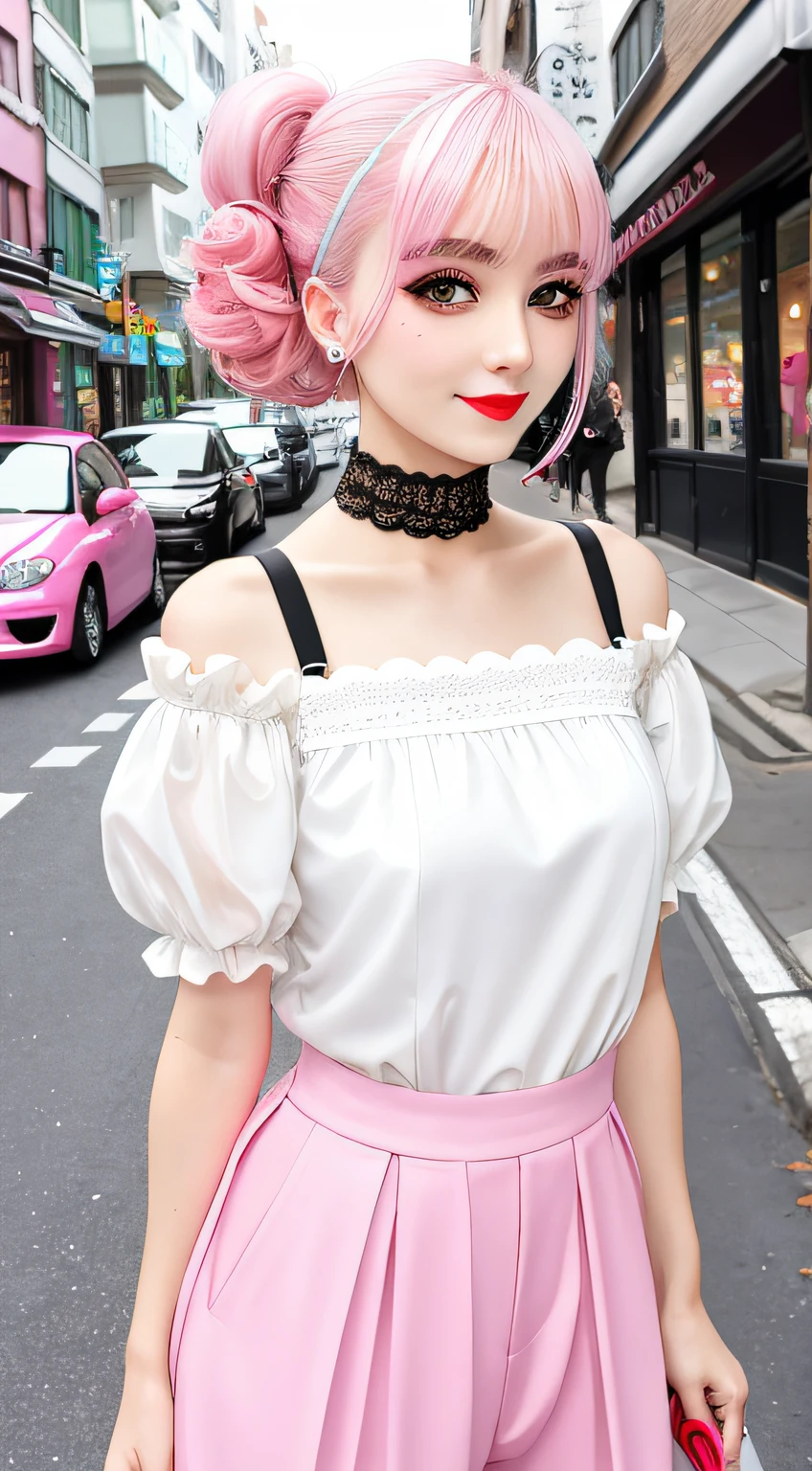 full body, anime of lady in a mini green with (white polka dots:0.9) top, loose white chiffon pants, solo, oval face, short hair, , pale skin, Detailed skin, skin pores, (high ponytail), scrunchies, Harajuku street, looking at away, make up, puffy eyes, dynamic pose, lace choker,bangs, (platinum pink hair:1.25), black eyeshadow, long eyelashes, red lip, street smiling, outdoors, walk, street background