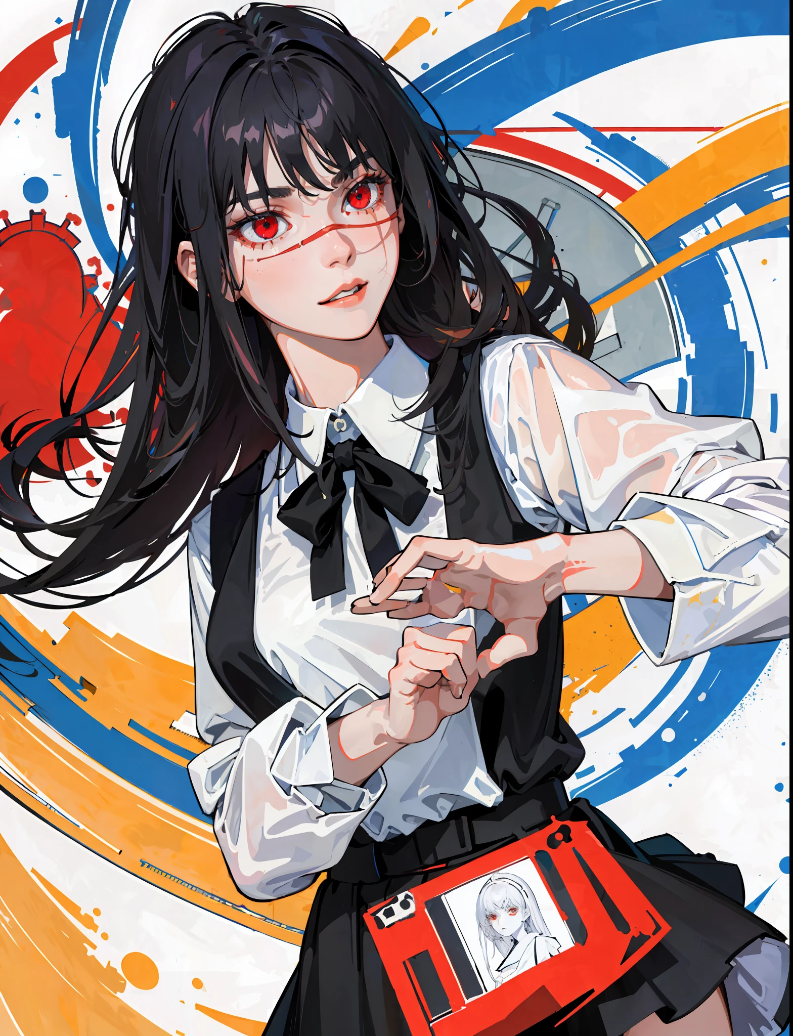 ((masterpiece, best quality)), (1girl), (solo), (female focus), yoru \(chainsaw man\),(very detailed face, real image, realistic white skin, realistic body, intricate details), red eyes (intimidating look) school uniform, black pinafore dress, shirt, neck ribbon, long shaggy hair, small breasts,