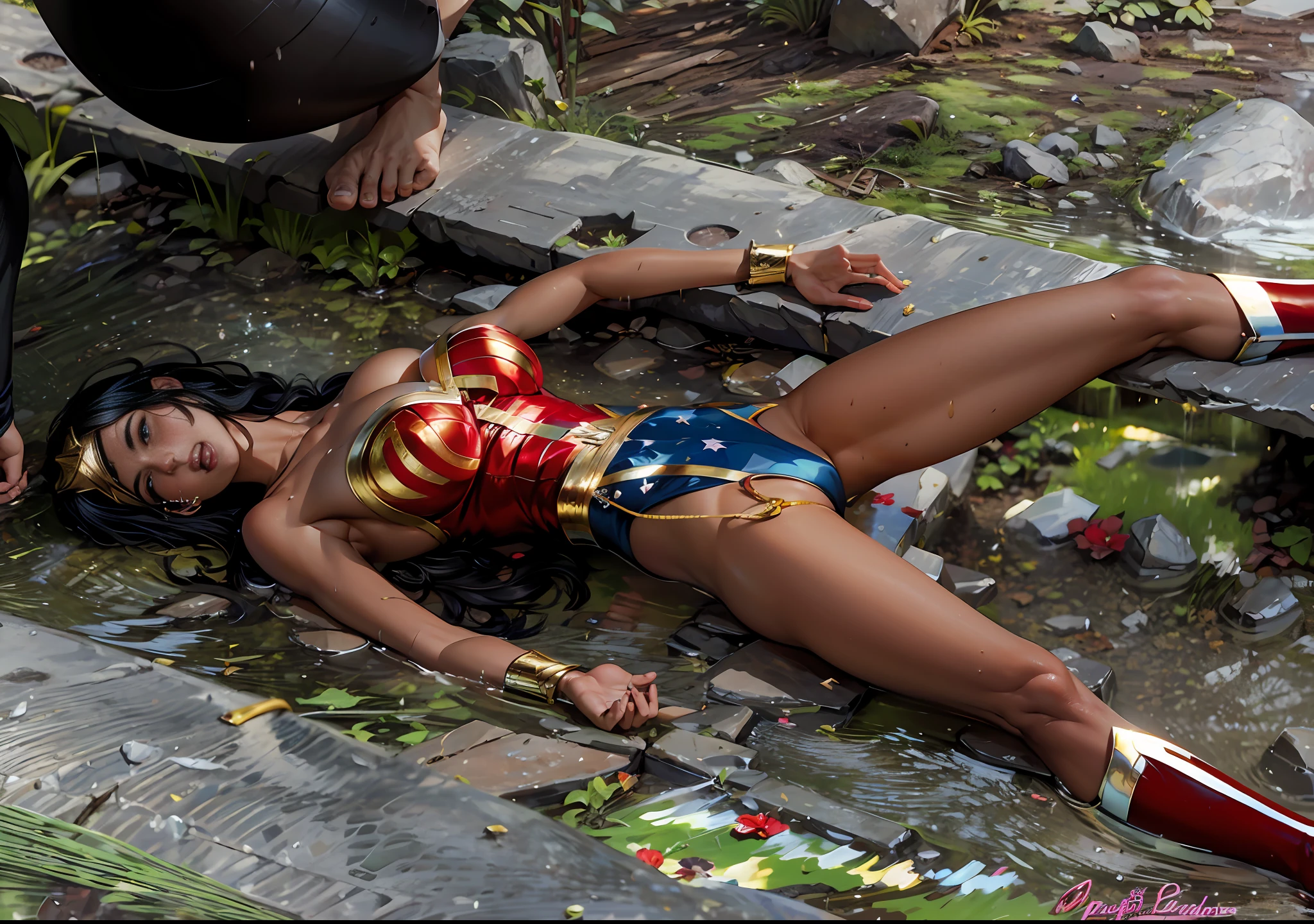 ((Top Quality)), (8k, very detailed, full-length frame, high-detail RAW color art, masterpiece: 1.2), (realistic and realistic photo: 1.37), cinematic lighting rendering, Arafe woman in Wonder Woman costume lying on the ground, highly detailed representation, surreal heroic material, scene of falling to surreal ground, heroic scene lying on her back to the ground after a hard battle, surreal art, heroic scene, Wonder Woman lying on the ground with her back at the feet of a giant,  Spread your legs, open your arms, Wonder Woman, open mouth, breathe heavily, unconscious, (intricate details, makeup), (delicate and beautiful delicate face, delicate and beautiful delicate eyes, perfectly proportioned face), (realistically moist skin: 1.2), (drenched body: 1.2), (wet skin), wet hair, delicate skin, strong and realistic blue eyes, realistic black hair, lips, makeup, natural skin texture, tiara, leotard, bulletproof gauntlets, red boots,  Golden girdle with golden rope attached, slightly sunburned skin tone, mature, sexy, elastic muscles, (muscles:1.2), ((strong and healthy body)), ((((more) muscles))), long legs, curves, thick thighs, wide buttocks, thin legs, (big breasts: 1.2), thin waist, soft waist, (delicate skin), (beautiful and sexy woman), (swollen lips: 0.9), (eyelashes: 1.2), very delicate muscle definition,