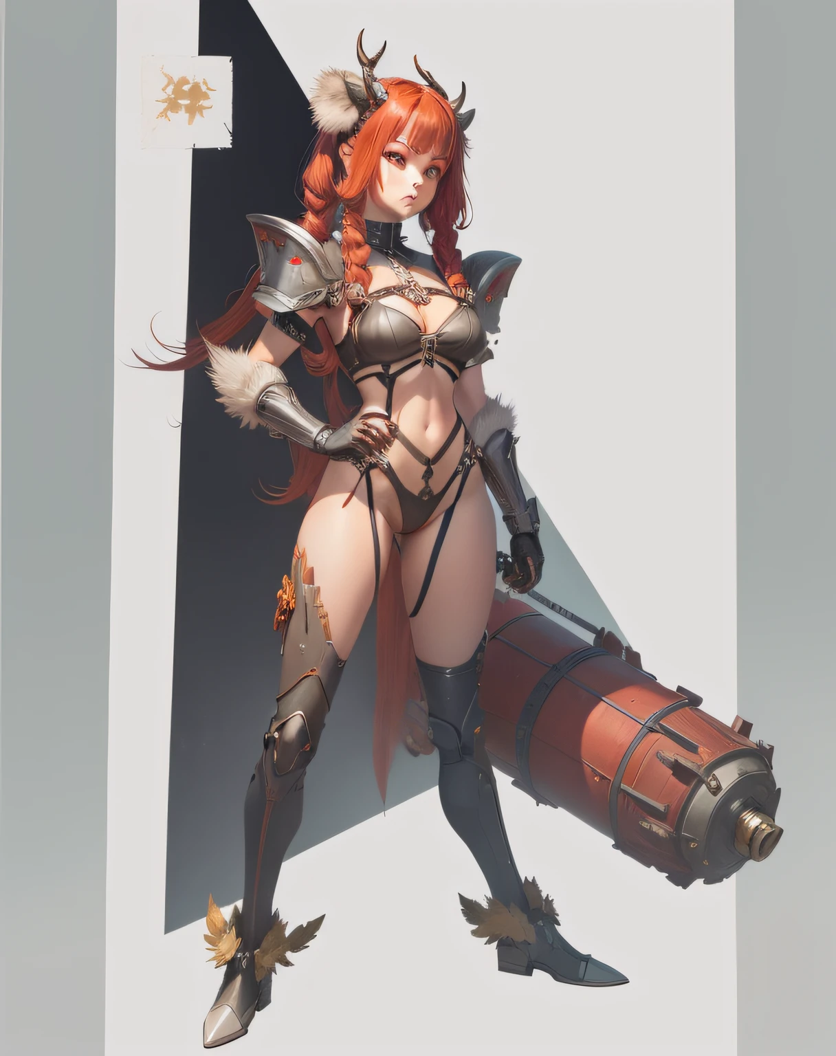 Red-haired girl, green eyes, pigtails, a wreath of horns on her head, a techno barbarian, a huge techno cannon in her hands, a huntress, bones on her body, insect plates, chitin, fur, small bones, light bones and red fur on her shoulders, dark leather stockings made of strips of cut leather on her legs, ropes and light bones on her body, thin panties, a small bra made of bones, bright red hair, Decorations made of horns, fur - a cannon. Close-Up of Woman with Sword and Armor, Full Body Concept, Full Body Detailed Concept, Mechanized Valkyrie Girl, Cushart Krenz Kay Art Female, Beautiful Cyborg Girl Pinup, Character Design Contest Winner, Holy Cyborg Necromancer, Cute Cyborg Girl, Fur Woman, Girl in Mecha Cyber Armor, Cyborg Merchant Girl