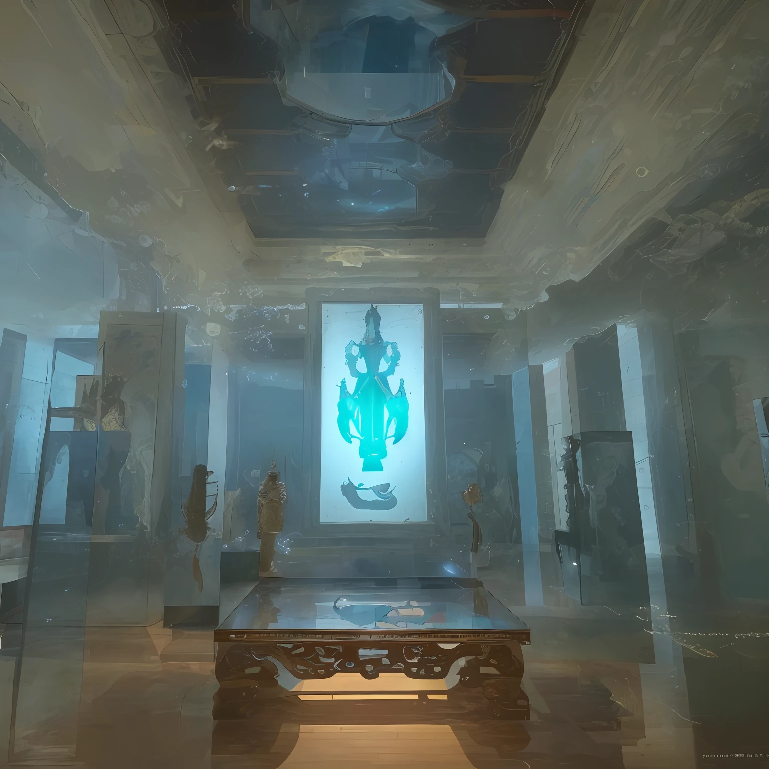 In the museum hall with a lot of space, a holographic image of ancient Chinese artifacts is scattered on a glass display shelf with amazing imagination, surrealism, futuristic technical sense, glass, light, reflection, high resolution, high image quality, realistic texture rendering, wide angle, full frame, cyberpunk style, symmetrical composition, low viewing angle--ar 3:4--g5--s 800--V 5.1