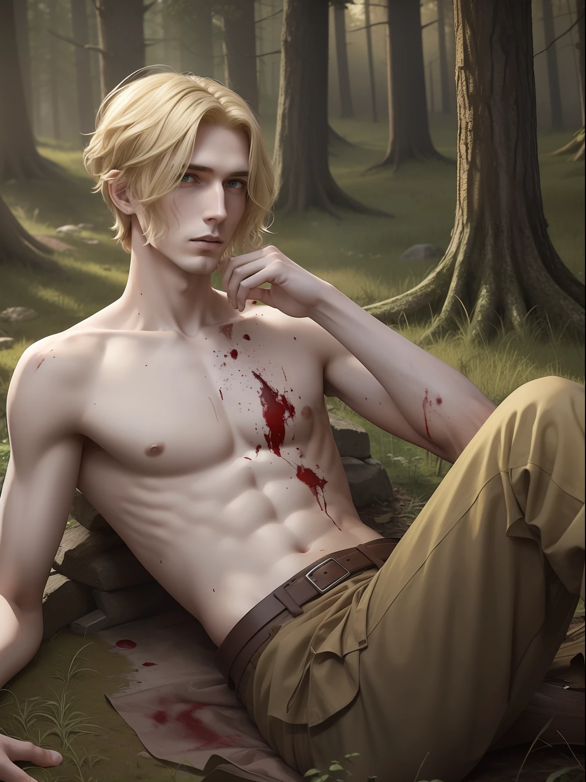 A young tall thin man with blond wavy short hair in an old-style medieval canvas shirt stained with blood and pants wounded lying on the ground in the forest, blood on his chest, in the distance you can see the stone wall of the castle, 3d, in the afternoon in the forest