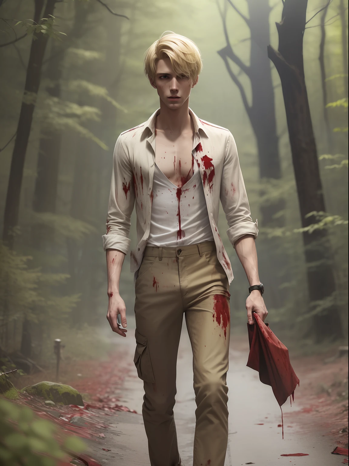 A young tall thin blndin man with blond wavy short hair in an old canvas shirt stained with blood and old-style pants with ties crawls on the ground fell, wounded in blood-stained clothes, blood on his chest, from afar you can see the stone wall of the castle, 3d, in the afternoon in the forest