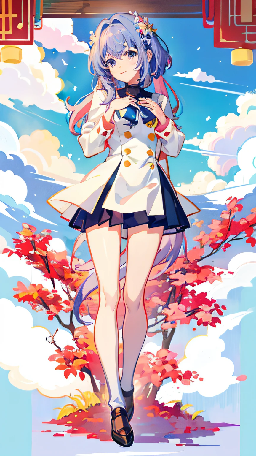 Anime girl wearing white shirt and blue skirt, smooth anime CG art, anime moe art style, high quality anime art style,!! Full body portrait!!, Kangtai Collection style, full body fairy tale, anime style, inspired by Ma Yuanyu, digital art on pixiv, produced by anime artist studio, anime full body illustration