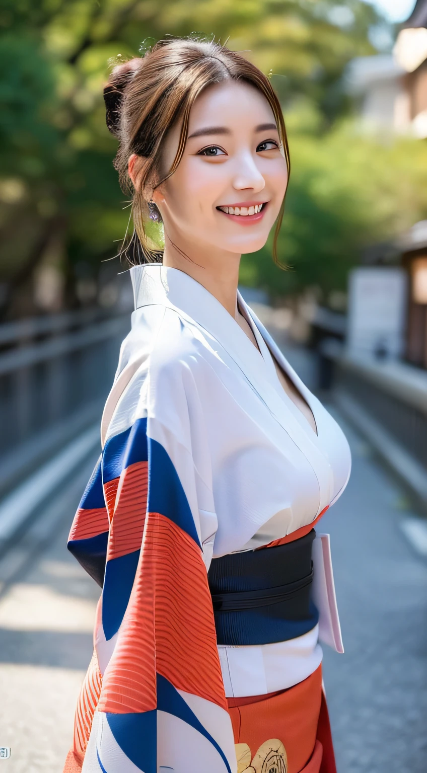 (((top quality, 8k, masterpiece))), crisp focus, (beautiful woman with perfect figure), slender, (hairstyle: up)), ((kimono: Kara)), street: 1.2 Highly detailed face and skin texture Detailed eyes Double eyelids random posture, (smile), Japan person, realistic face, traveling in Kyoto,  (large breasts:1.2), (tall female), double eyelid,smile
