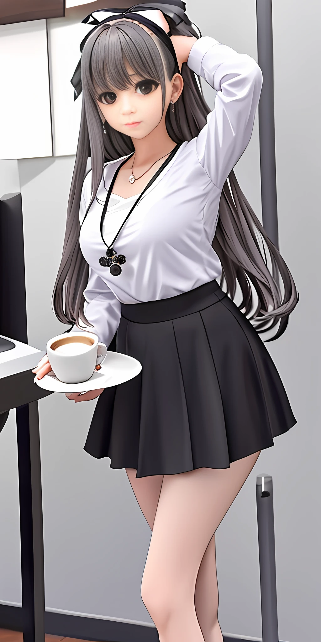 jun, 1girl, black skirt, bow, breasts, coffee, coffee mug, collarbone, cup, dr. nadja, grey hair, grey shirt, hair bow, highres, jewelry, labcoat, large breasts, long hair, looking at viewer, mug, pantyhose, pencil skirt, pendant, shirt, skirt, taut clothes, taut shirt, watch