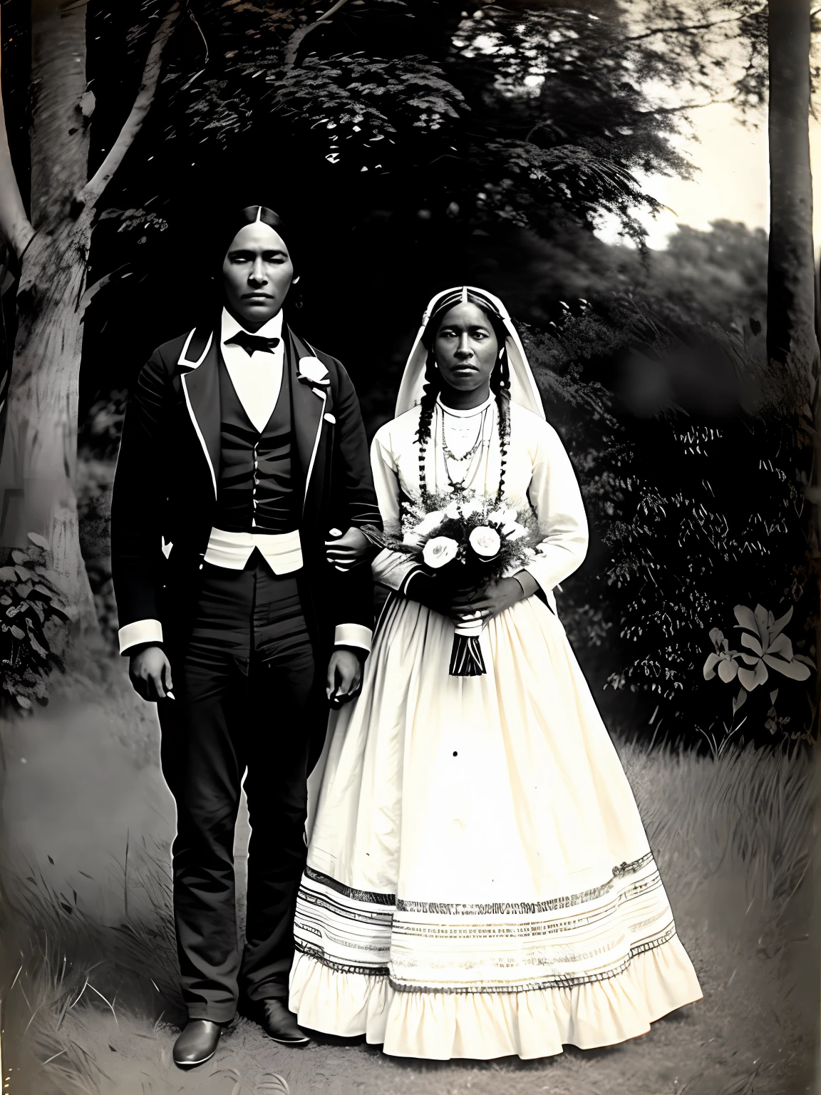 19th century photograph of A native american woman and african american slave male wedding on a plantation, 19th century, vintage picture, slight motion blur