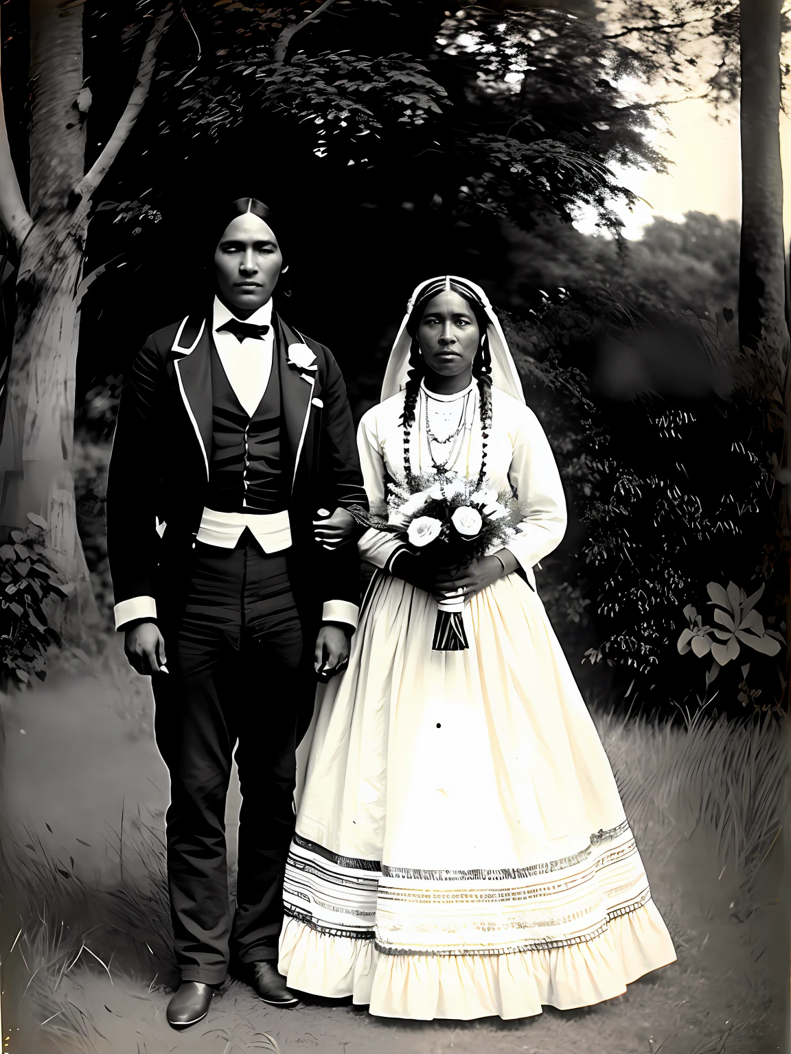 19th century photograph of A native american woman and african american slave male wedding on a plantation, 19th century, vintage picture, slight motion blur