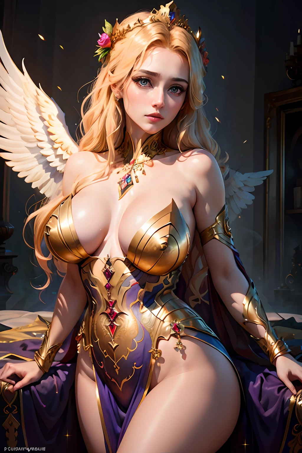 Masterpiece, Best Quality, Portrait of a Beautiful Woman, Intricate Dress, Sadness, Golden Eyes, Realism, Masterpiece, Archangel, Angel Wings, Silk Dress, Wind, Big Breasts, Fantasy, From ArtStation, Glitter Jewelry, Glare, Rainbow Colors, Global Illumination, Real Hair Movement, Realistic Light, Realistic Shadows, Side Vision, ((Perspective)), Soft Light, Dream Light, Perfect Eyes, Background 4K, Romance, High Detail, Crown, Gold and Gemstones, --v6