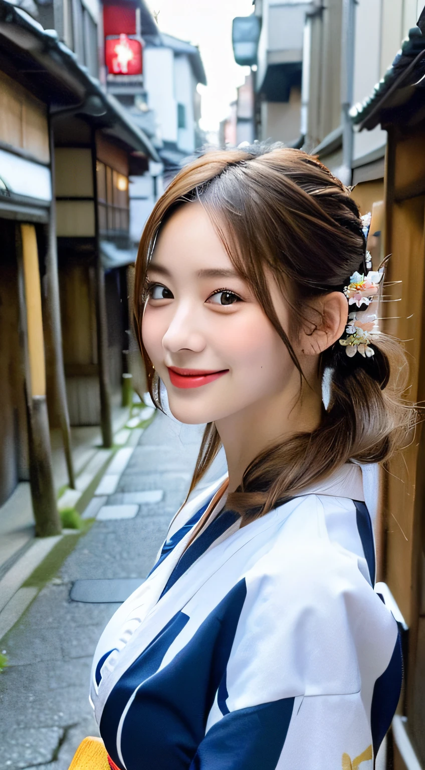 (((top quality, 8k, masterpiece))), crisp focus, (beautiful woman with perfect figure), slender, (hairstyle: up)), ((kimono: Kara)), street: 1.2 Highly detailed face and skin texture Detailed eyes Double eyelids random posture, (smile), Japan person, realistic face, traveling in Kyoto, large breasts, double eyelid,smile