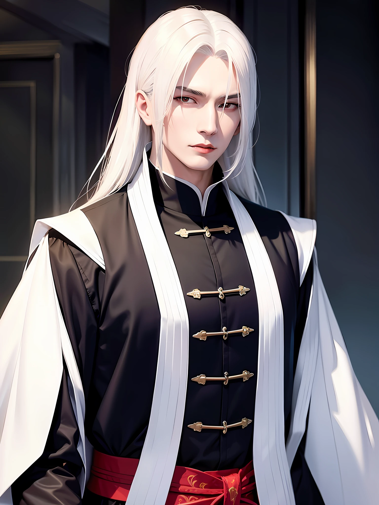 White-haired vampire man in ancient black colored Chinese costumes, imposing handsome and elegant