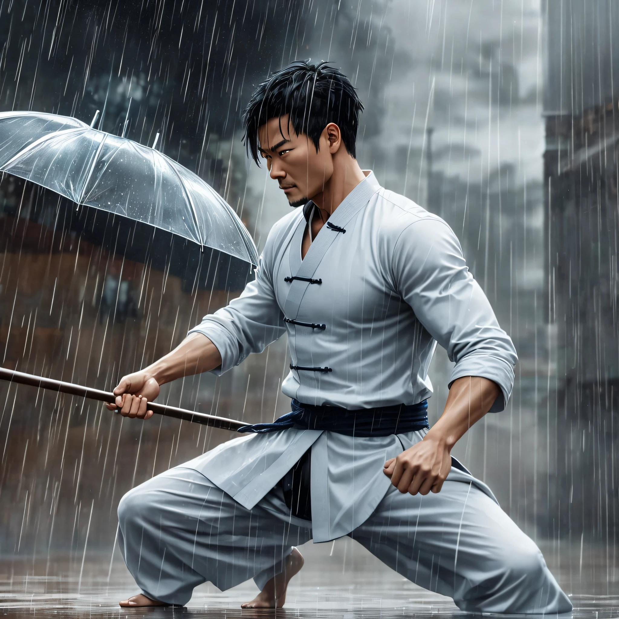 there is a man who is standing in the rain with an umbrella, modern kung-fu, inspired by Fu Baoshi, modern kung fu, dramatic cinematic action shot, inspired by Liao Chi-chun, rain!!!!, inspired by Ma Quan, dramatic action shot, tai chi, rain, anime cinematic action shot, Shen Quan-inspired posture, fighting posture, dancing in the rain --auto --s2