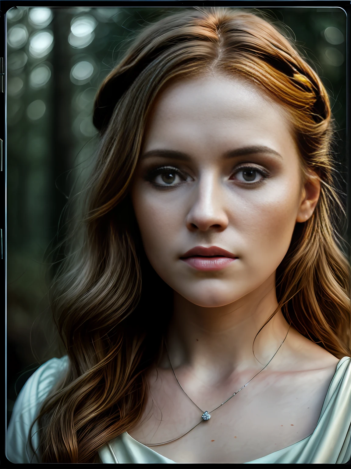 closeup of an irish woman, brigir goddess, wavy ginger hair, wearing olive green medieval dress, winter forest, natural skin texture, 24mm, 4k textures, soft cinematic light, RAW photo, photorealism, photorealistic, intricate, elegant, highly detailed, sharp focus, ((((((square face))))), ((((((cinematic look)))), soft tones, insane details, intricate details, hyperdetailed, low contrast, soft cinematic light, dark colors, exposure mix, HDR, faded