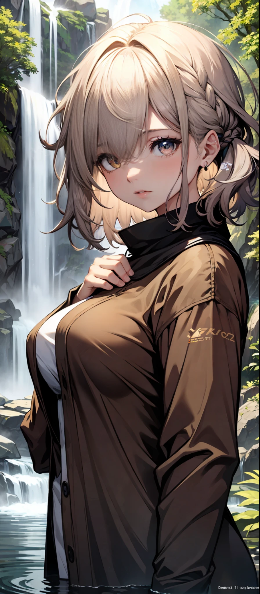 In the pond below the waterfall, 1 beautiful girl, short hair with long locks, standing, (broken) ((JK uniform)), drenched, drenched, curvaceous, various poses, {{illustration}}, {extremely delicate and beautiful}, {delicate makeup}, ultra-detailed, delicate glowing eyes, {{cinematic light}}, high quality, masterpiece, forest, waterfall, pond, delicate facial features, delicate hair portrayal, delicate eye portrayal, masterpiece , highest quality, ray tracing, extremely detailed CG unity 8k, wallpaper, masterpiece, half body, upper body