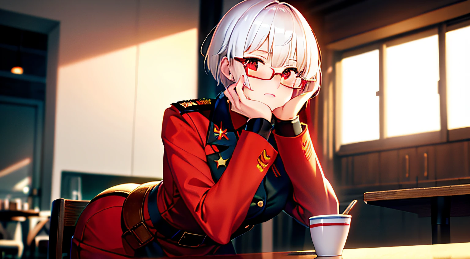 masterpiece , a girl, in cafe, ( lite white short hair:1.2), (red eyes:1.2), (russian spetsnaz millitary uniform:1.2), (looks at the viewer:1.2) , (8k, best quality 1.2), ultra-detailed, 8k uhd, soft lighting, high quality, film grain, beautiful lighting, cinematic ,perfect body , best illumination, best shadow, sharpness, contrast, red glasses, shy face, blush