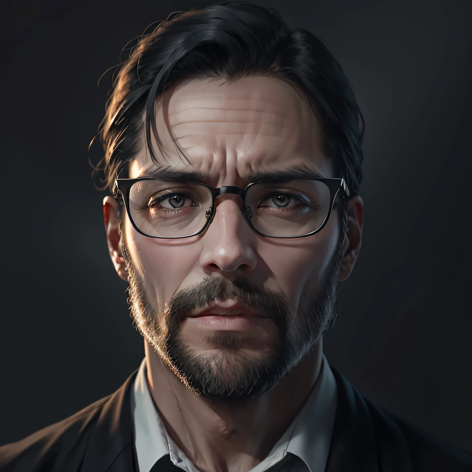 Medical examiner, male, a medium-sized, straight-faced, black-framed glasses, some vicissitudes, about 40 years old