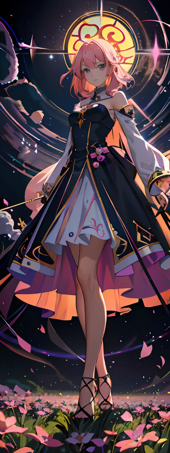 Anime girl standing in field with pink hair and black dress, beautiful celestial mage, detailed digital anime art, detailed key anime art, Kusart Krentz key art feminization, detailed anime art, clothes of the astral witch, clean detailed anime art, magical details, digital anime illustration, anime fantasy illustration, cute anime outer house wearing beautiful clothes, detailed anime artwork, perfect face