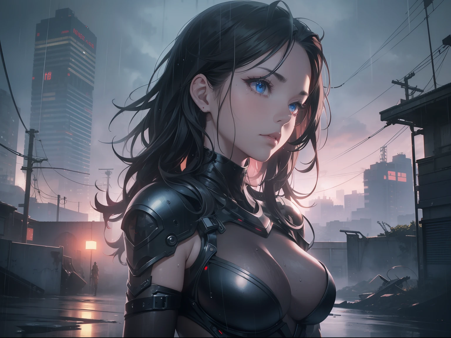 16K, HDR, UHD, best quality, masterpiece, anime style, beautiful young woman in futuristic battlefield, alone, ruins, surreal, ethereal, post-apocalyptic, dystopian, cyberpunk, night, neon lights, despair, sad, raining, wet, detailed rain droplets, cowboy shot, wearing a beautiful dress, ultra beautiful detailed eyes, hyperdetailed face, complex, perfect, model, textured, chiaroscuro, professional make-up, realistic, rough, dominating, figure in frame, by WLOP, cinematic lighting, award winning, RTX, ray tracing, hyper realistic,