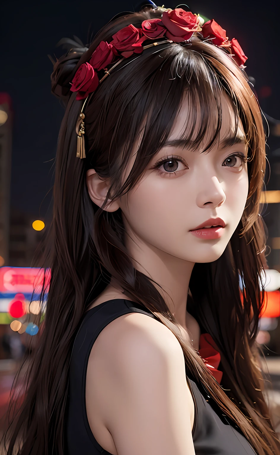 1girl, Beijing street, night, city view, city lights, upper body, close-up, 8k, raw photo, best quality, masterpiece, realism, realism, red rose headdress, bangs, long hair,