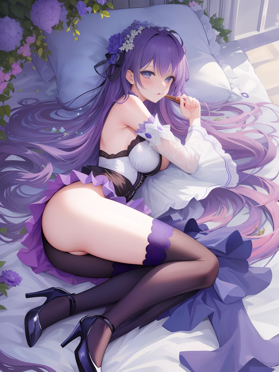 A beautiful girl, sweet, full-body photo, flesh-colored lace, purple long hair, closed moon shy flower, incomparably beautiful, black stockings, blue eyes, full-body portrait, close-up, high heels, full-body portrait, lying on the bed, blue gauze skirt, delicate facial features, perfect body, messy purple long hair, moaning, seductive, bare shoulders, holding a wine glass