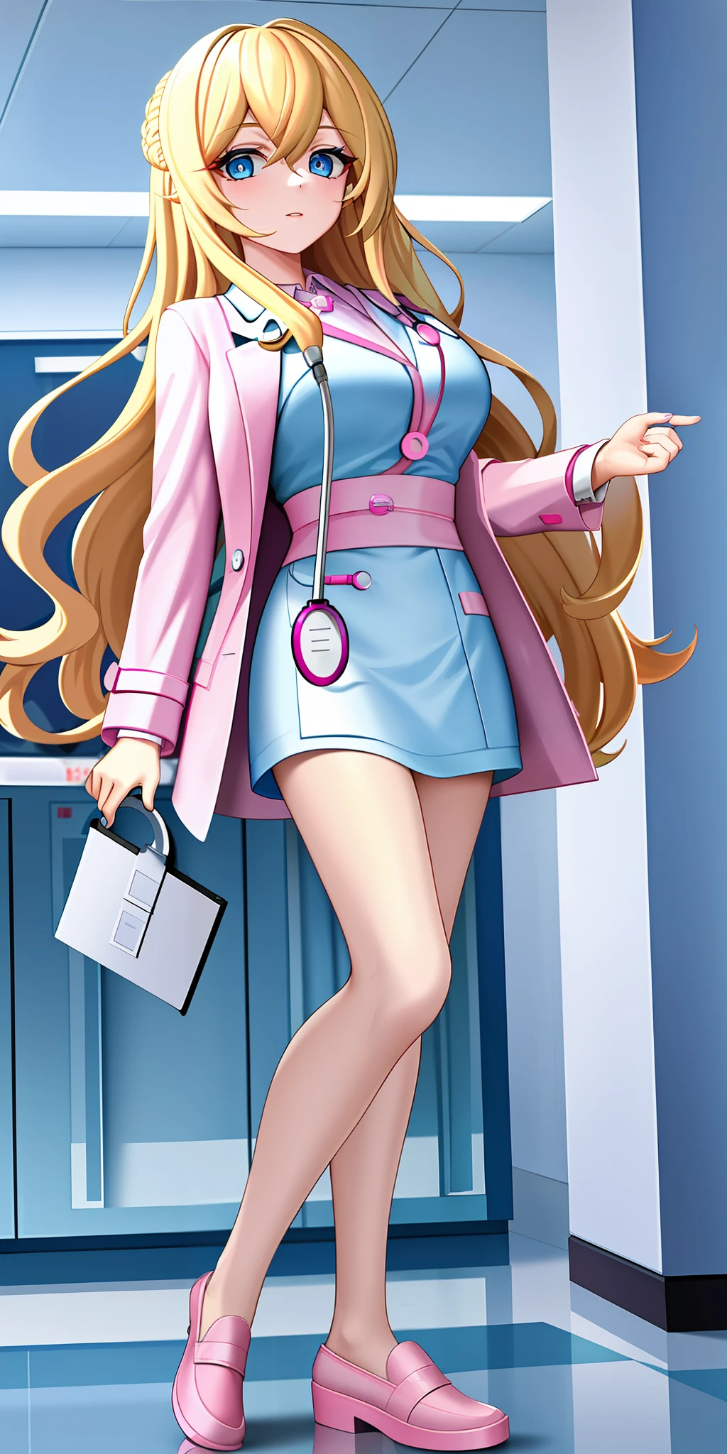 Masterpiece, Superb 1girl, blonde, eyeliner, long hair, (ice blue eyes), sweeping bangs, pink lips, doctor outfit, white coat, stethoscope, hospital, clipboard, pants, top