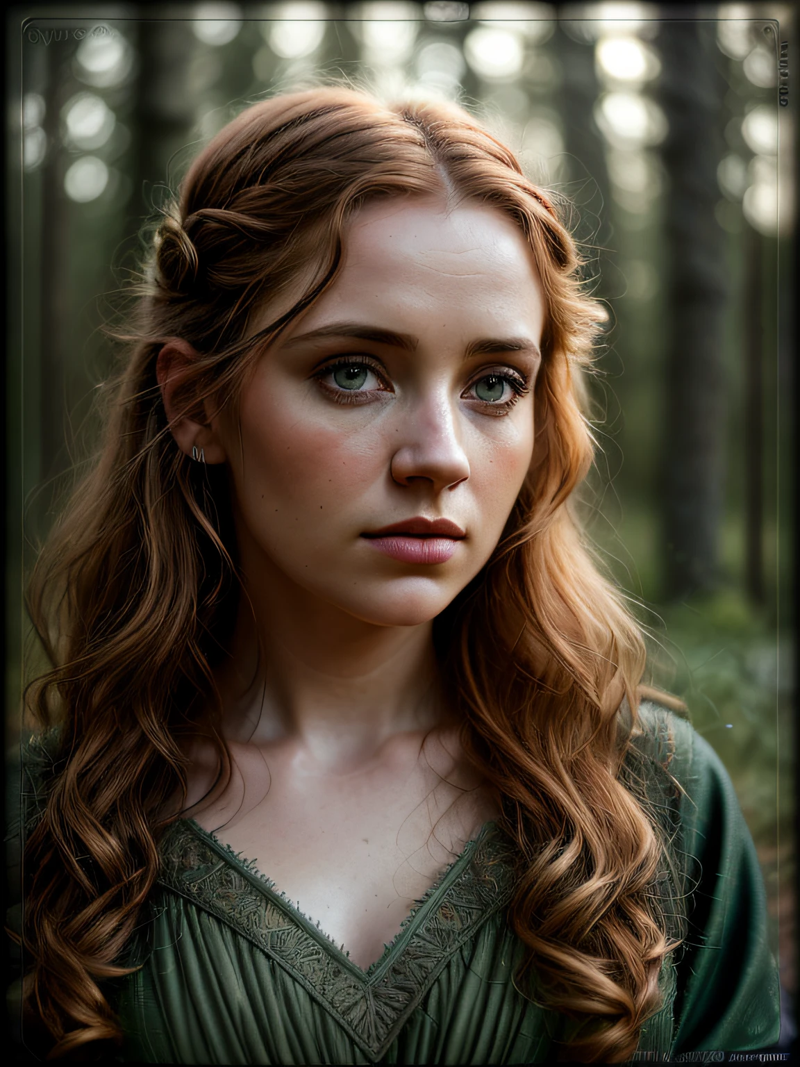 closeup of an irish woman, brigir goddess, wavy ginger hair, wearing olive green medieval dress, winter forest, natural skin texture, 24mm, 4k textures, soft cinematic light, RAW photo, photorealism, photorealistic, intricate, elegant, highly detailed, sharp focus, ((((((square face))))), ((((((cinematic look)))), soft tones, insane details, intricate details, hyperdetailed, low contrast, soft cinematic light, dark colors, exposure mix, HDR, faded