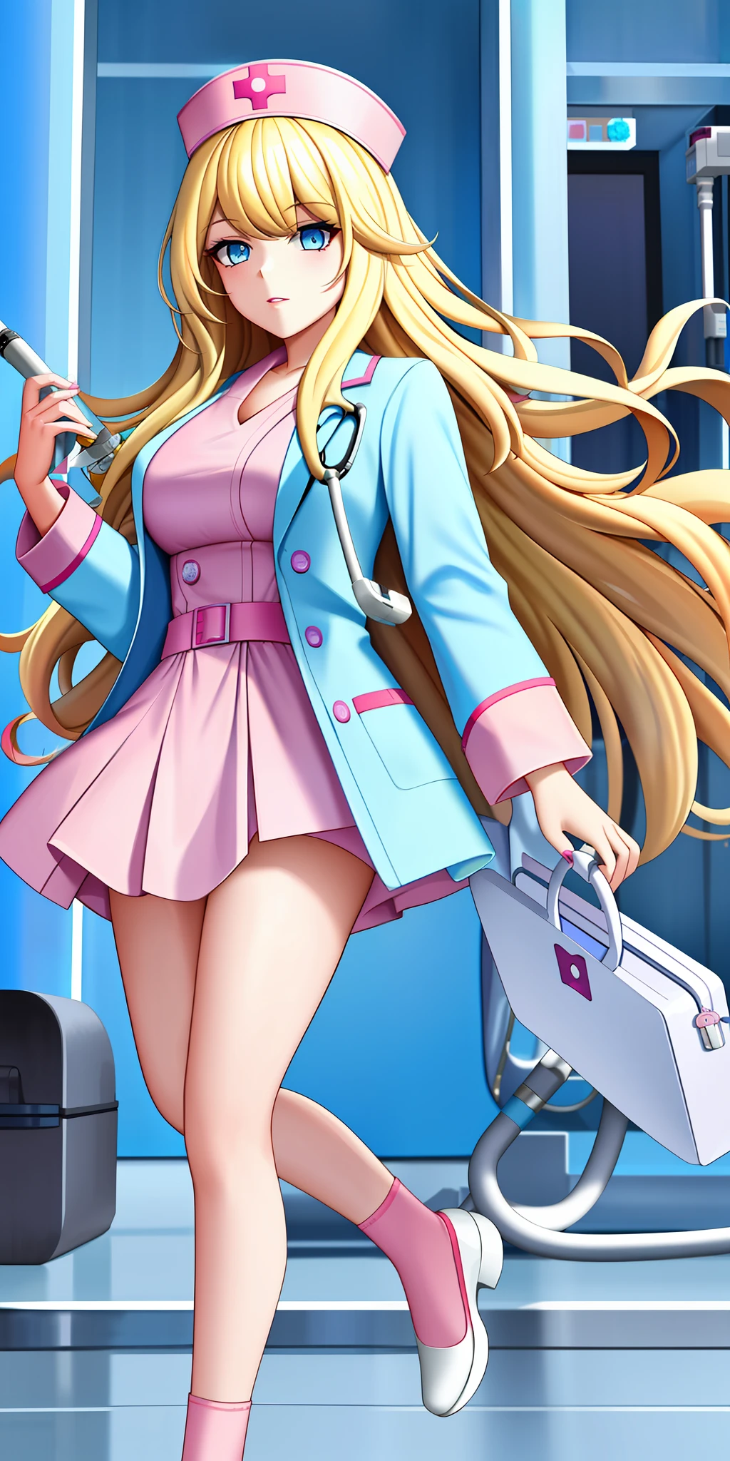 Masterpiece, Superb 1girl, blonde, eyeliner, long hair, (ice blue eyes), sweeping bangs, pink lips, doctor outfit, white coat, stethoscope, hospital, clipboard, pants, top