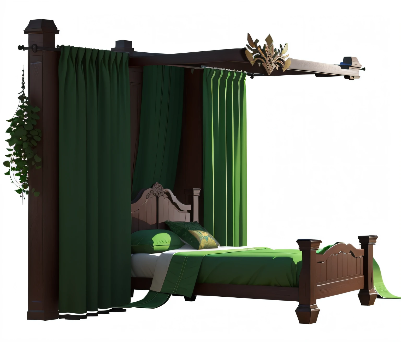There is a bed with green curtains and wooden bed, curtains made of green leaves, pillows are flowers, stylized concept art, rich details, stylized game art, game assets, painted as game concept art, stylized shadows, Polycount trend, background art, stylized hand drawn textures, stylized textures, Polycount match winner, 3D rendering stylized, riot game concept art, in-game images