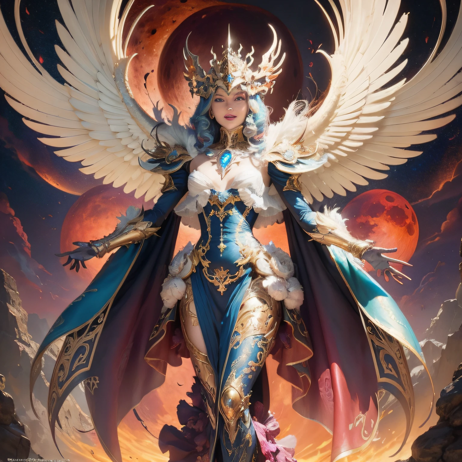 android mechanical lich:Evil Celestial Glow, robot wings,earnst haeckel, james jean. generative art, baroque, intricate patterns, fractalism, movie still, photorealistic, intricate, elegant, highly detailed, artstation, smooth, sharp focus, illustration, outrun, vaporware,full body shot, demonic energy holding different monsters, angle from below, Evil laugh:Exuberant, cinematic lighting, ((blood moon in background lighting scene)) --auto --s2