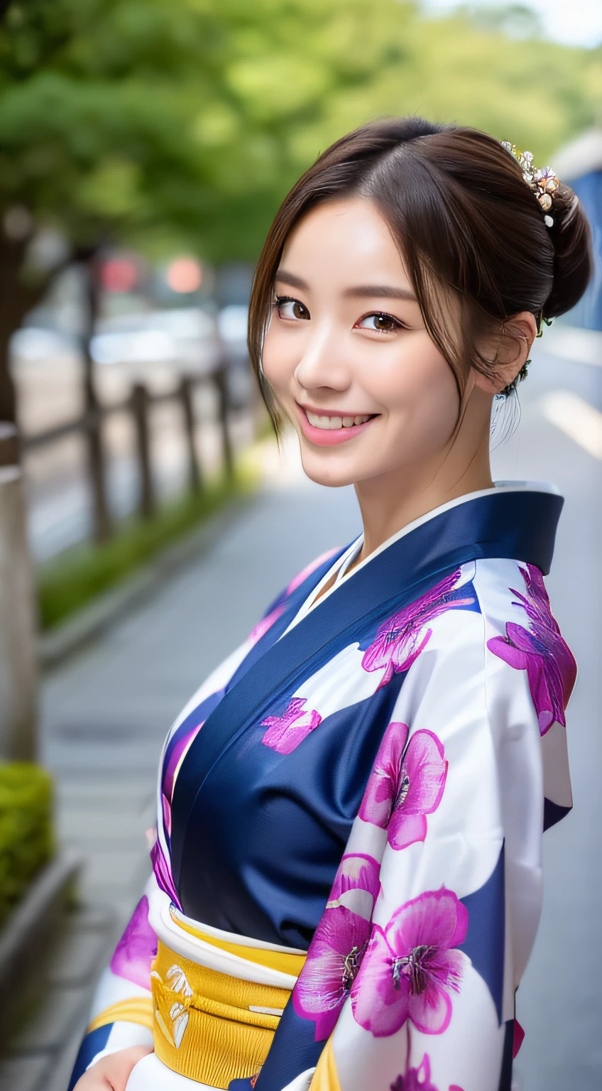 (((top quality, 8k, masterpiece))), crisp focus, (beautiful woman with perfect figure), slender, (hairstyle: up)), ((kimono: Kara)), street: 1.2 Highly detailed face and skin texture Detailed eyes Double eyelids random posture, (smile), Japan person, realistic face, traveling in Kyoto, large breasts, double eyelid,smile