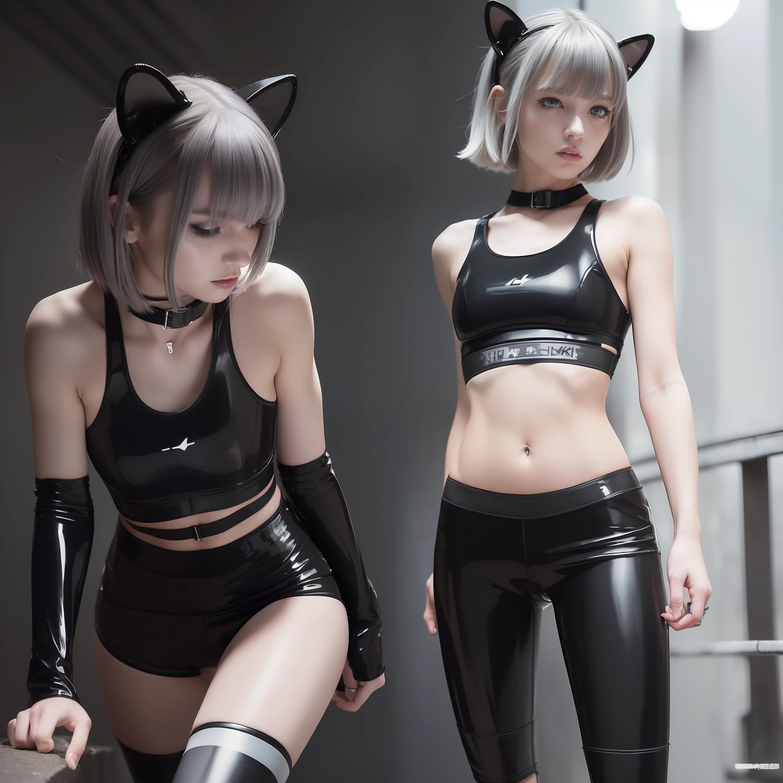 Cyberpunk Edge Runners, 1 Girl, Lucy \ (Cyberpunk \), Blue Eyes, Cyber Eye, , Pale Skin, Petite Figure, (Medium Chest, Wild Girl, Small Head)), Sunlight, Sunlight, (Perfect Body: 1,1), (Young), (Short Wavy Hair: 1,2), ((Gray Hair)), (Hair with Bangs)), Collar, Full Length, Crowded Street, Tight Cropped ((( Black latex sports bra), (black latex panties)), black latex panties, (very detailed CG 8k wallpaper), (very delicate and beautiful), (masterpiece), (best quality:1.0), (ultra high definition:1.0), gorgeous lighting, perfect flash, realistic shadows, [high definition], detail skin, very detailed, pale skin, barefoot,(cat ears)
