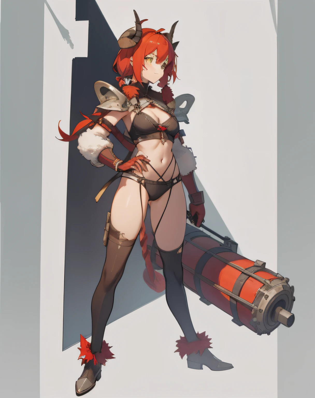 Red-haired girl, green eyes, pigtails, a wreath of horns on her head, a techno barbarian, a huge techno cannon in her hands, a huntress, bones on her body, insect plates, chitin, fur, small bones, light bones and red fur on her shoulders, dark leather stockings made of strips of cut leather on her legs, ropes and light bones on her body, thin panties, a small bra made of bones, bright red hair, Decorations made of horns, fur - a cannon. instead of panties, a rope, instead of a bra, bones and chitin, fur shoulder pads and with chitin, a tail of hair on the back of the head looks up, a short haircut, a high-tech cyberpunk gun, the girl has green eyes, a playful look, a good-natured smile, a neat nose, tight panties, tight thongs, mini underwear, leaky underwear, torn fabrics, a lot of torn fabrics, a lot of holes in fabrics, a gun with a monster's head, The barrel of the cannon in the form of a monster bursts out of its mouth flames. The girl has short hair, a short ponytail at the back and looks up, fur shoulder pads, a jacket on her shoulders, a torn bra