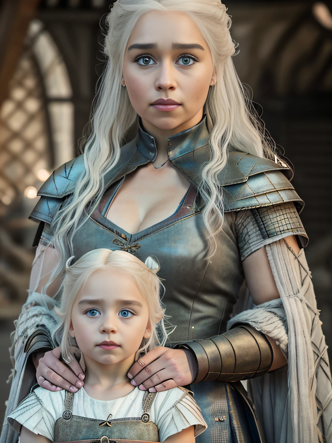 raw full body ((family photo of a father and mother with their daughter)), ((mother carrying daughter)), [1girl, daenerys targaryen, Emilia Clarke], (1man, Henry Cavill as Geralt de Rivia The Witcher), with their ((1girl, 5  daughter)))), medieval clothing,((half body shot)), realistic proportions, realistic pupils, ((3 member family portrait)) limited palette, highres, cinematic lighting, 8k resolution, front lit, sunrise, RAW photo, Nikon 85mm, Award Winning, Glamour Photograph, extremely detailed, beautiful Ukrainian, mind-bending, Noth-Yidik, raw fullbody photo of Daenerys Targaryen and Geralt de Rivia The Witcher with 5 year oldr, highly detailed, artstation, smooth, sharp focus, 8K,, trending on instagram, trending on tumblr, hdr 4k, 8k