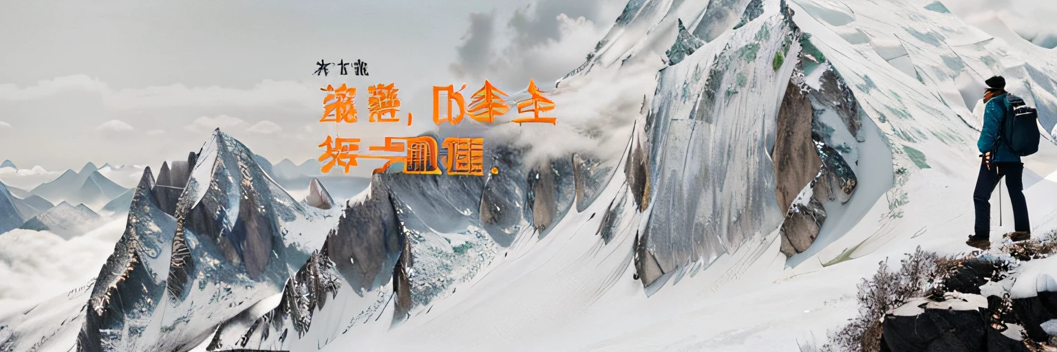 there is a man standing on a mountain with a mountain in the background, overlaid with chinese text, 千 葉 雄 大, peak experience ”, 中 元 节, mountaineous background, with a snowy mountain and ice, 中 国 鬼 节, moutain, 王琛