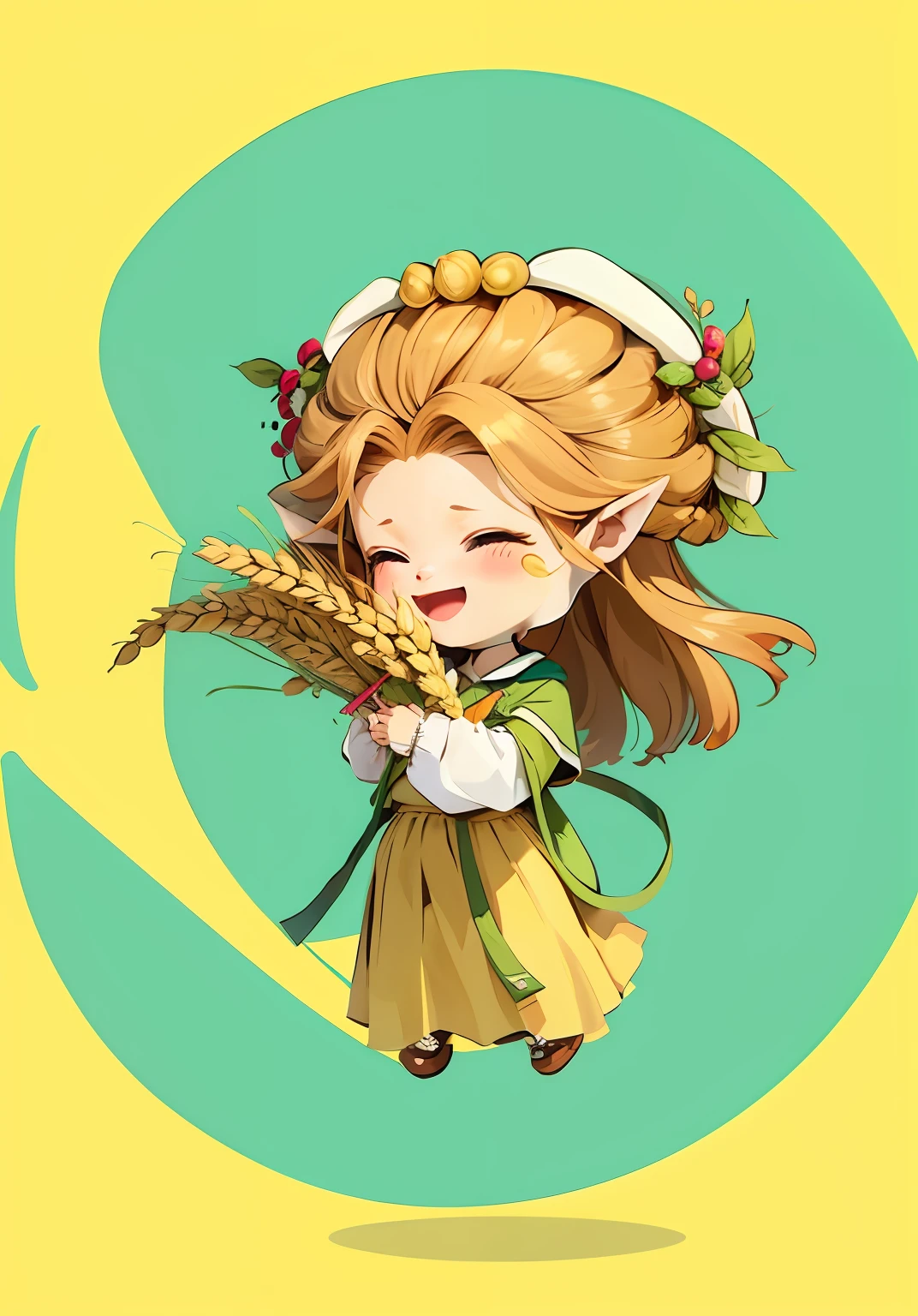 A cartoon girl with ears of wheat in her hand, she opens her mouth and laughs heartily, her hair is brown, the ears of wheat are golden, the top is yellow, the skirt is green, the background is blank, and the lines are smooth