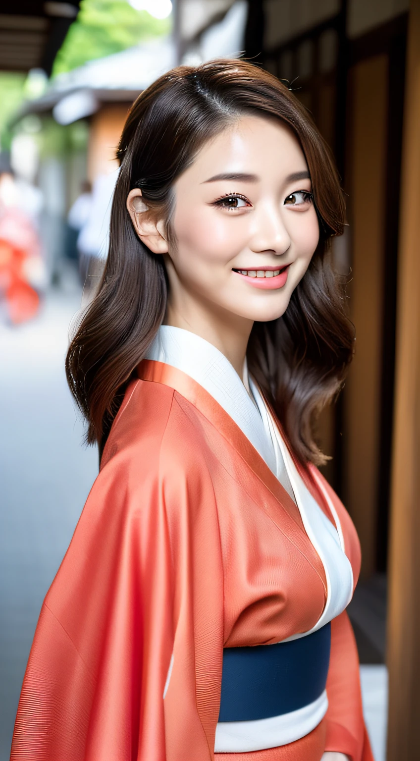 (((top quality, 8k, masterpiece))), crisp focus, (beautiful woman with perfect figure), slender, (hairstyle: up)), ((kimono: Kara)), street: 1.2 Highly detailed face and skin texture Detailed eyes Double eyelids random posture, (smile), Japan person, realistic face, traveling in Kyoto, large breasts, double eyelid,smile