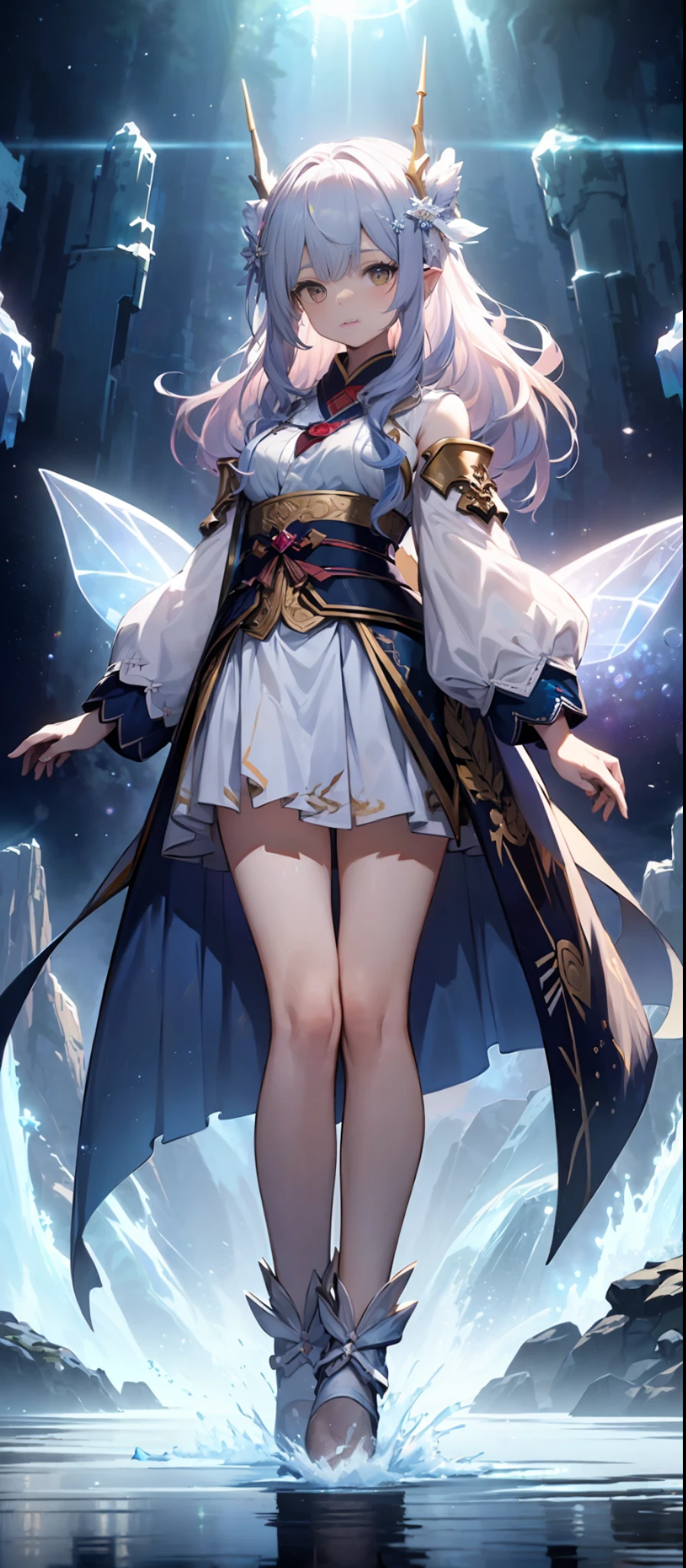 (((A girl, fairy palace background, snowball, ladder, snowflake decoration, fire elf, transparent, beautiful spectral light))), (((raging waves, glowing light, falling, light rainbow bright hair, hanfu, hanfu, delicate pattern, adult woman, horns, hip skirt, shirt, cardigan, delicate and transparent, long hair scattered, fairy air, white ribbon, white skin, fine portrayal, noble, elegant, mysterious, dazzling art))), optical art, high definition 4k vray, ultra-wide, angle, Fantasy Engine hdv41, True AR 2:3, ((Ultra Clear, 8K, High Resolution))) ((Layering, Space, Advanced Composition))), Pastel Colors (High Resolution: 0.2), (Best Quality), (Masterpiece), (Detailed), (Giant Crystal, Magic Light, Soap Bubble, Tyndall Effect)