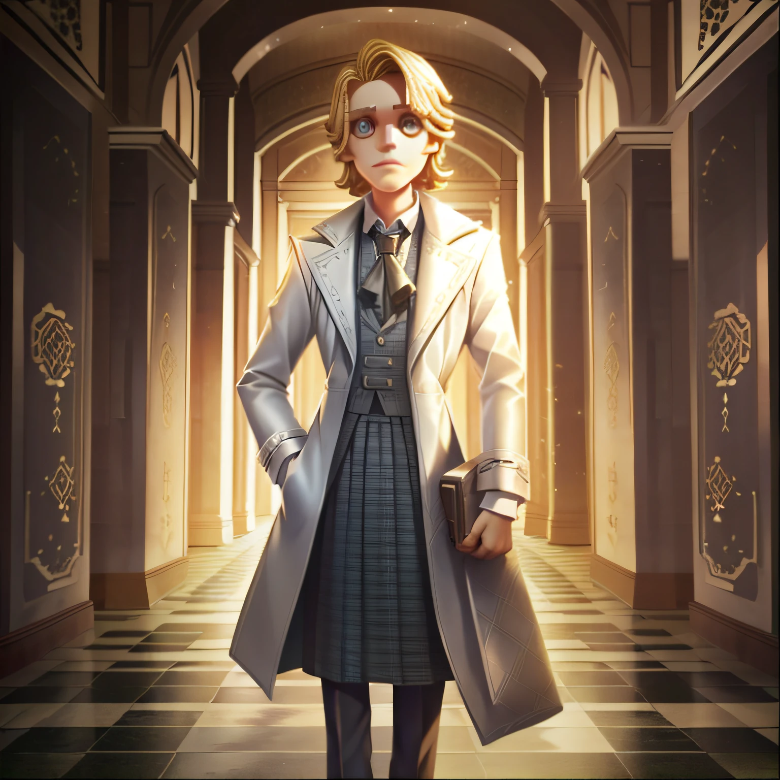 masterpiece, high quality, young boy, holding checked long skirt, digital camera, white jacket, blonde, facing forward, looking at camera, full body, center of screen