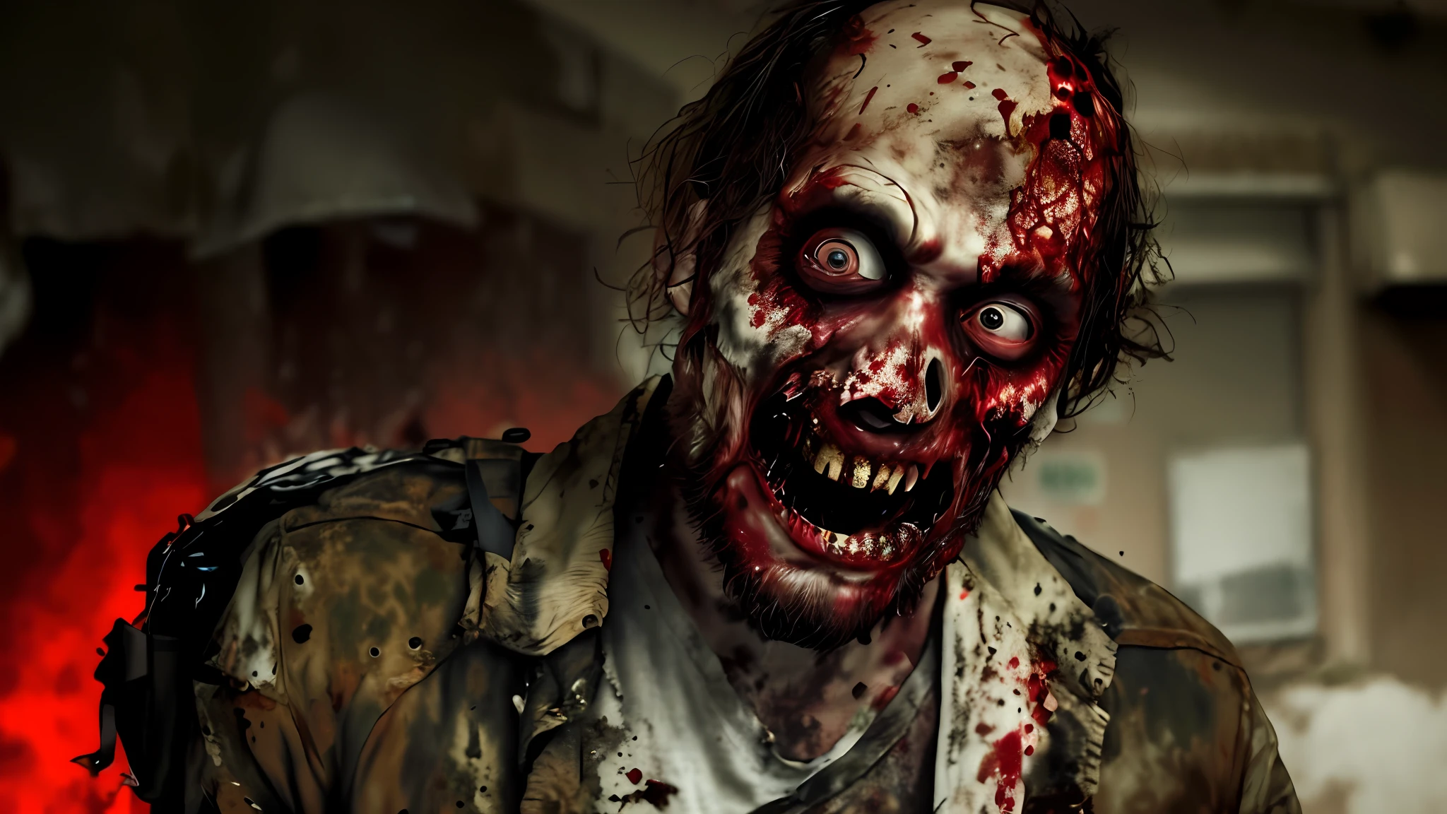 a close up of a man with a bloody face and a backpack, zombies apocalipsis, zombie with white eyes, in the walking dead, zombie, zombies, man mutating to zombie, zombie face, walking dead, the walking dead, zombie's, zombified, zombie in horror concept art, evil zombie, hauntingly beautiful zombie, zombies attack