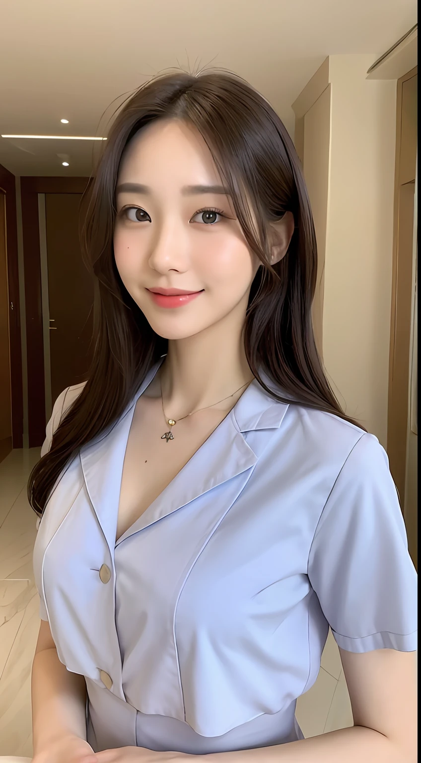 ((Best Quality, 8k, Masterpiece:1.3)), Focus:1.2, Perfect Body Beauty:1.4, Buttocks:1.2, ((Delicate Hair)), (Stylish Nurse Uniform:1.1) ,(Room, living room: 1.3), Highly detailed facial and skin texture, Fine eyes, Double eyelids, Whitening skin, Big breasts:1.2, smile, wearing a necklace,
