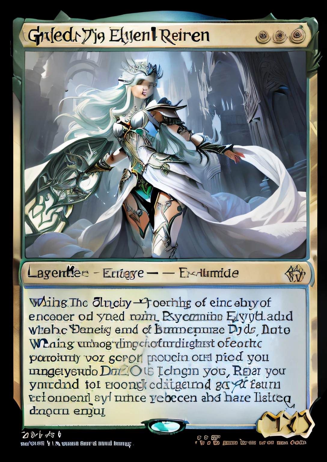 a close up of a card with a picture of a woman in a white dress, of an elden ring elf, elf queen nissa genesis mage, from magic the gathering, style of magic the gathering, an epic majestical degen trader, wiggly ethereal being, eldritch legislature, mtg card, magic the gathering style, vortex portal banish the elders
