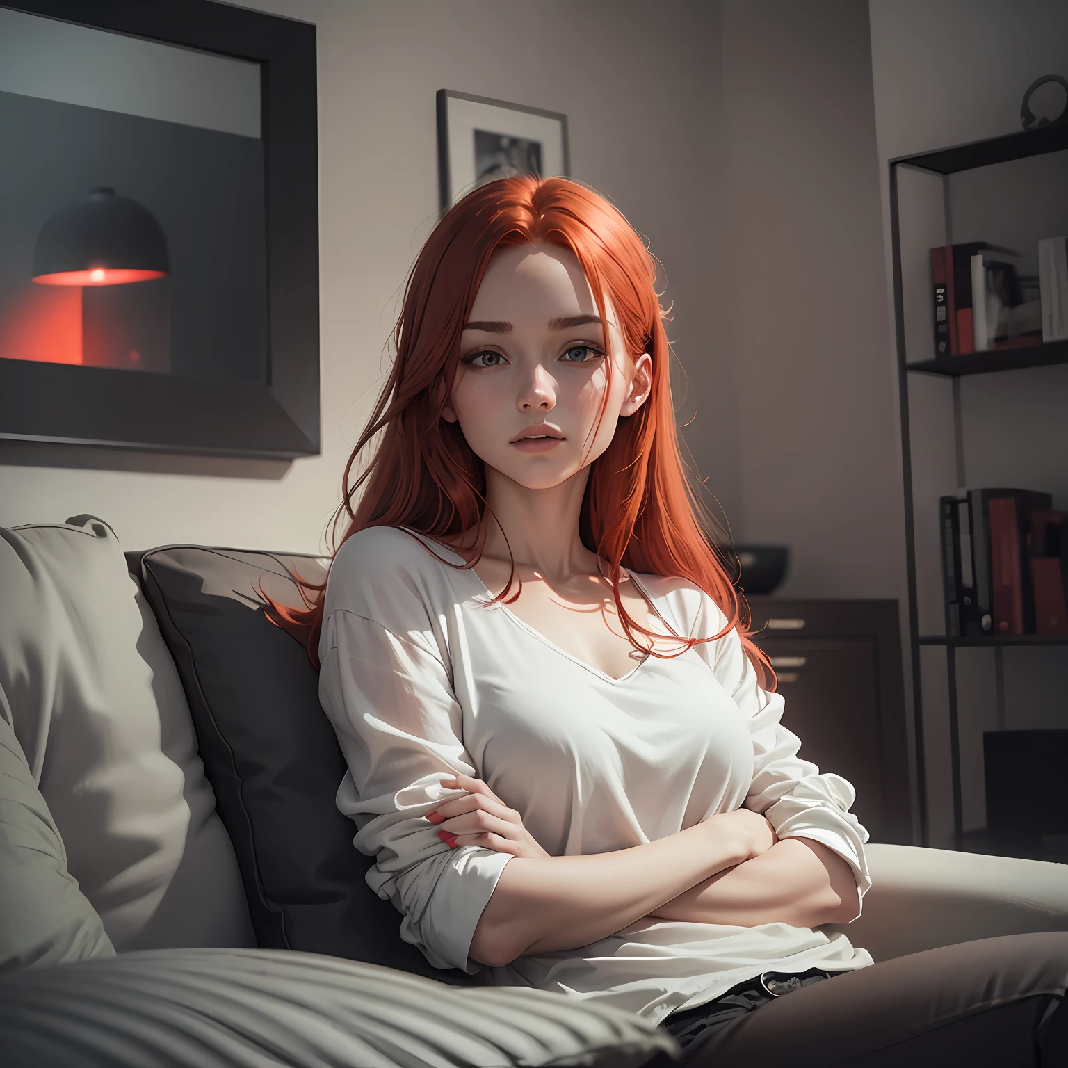 A dark-toned minimalist house with red lights with a red-haired woman on the couch --auto --s2