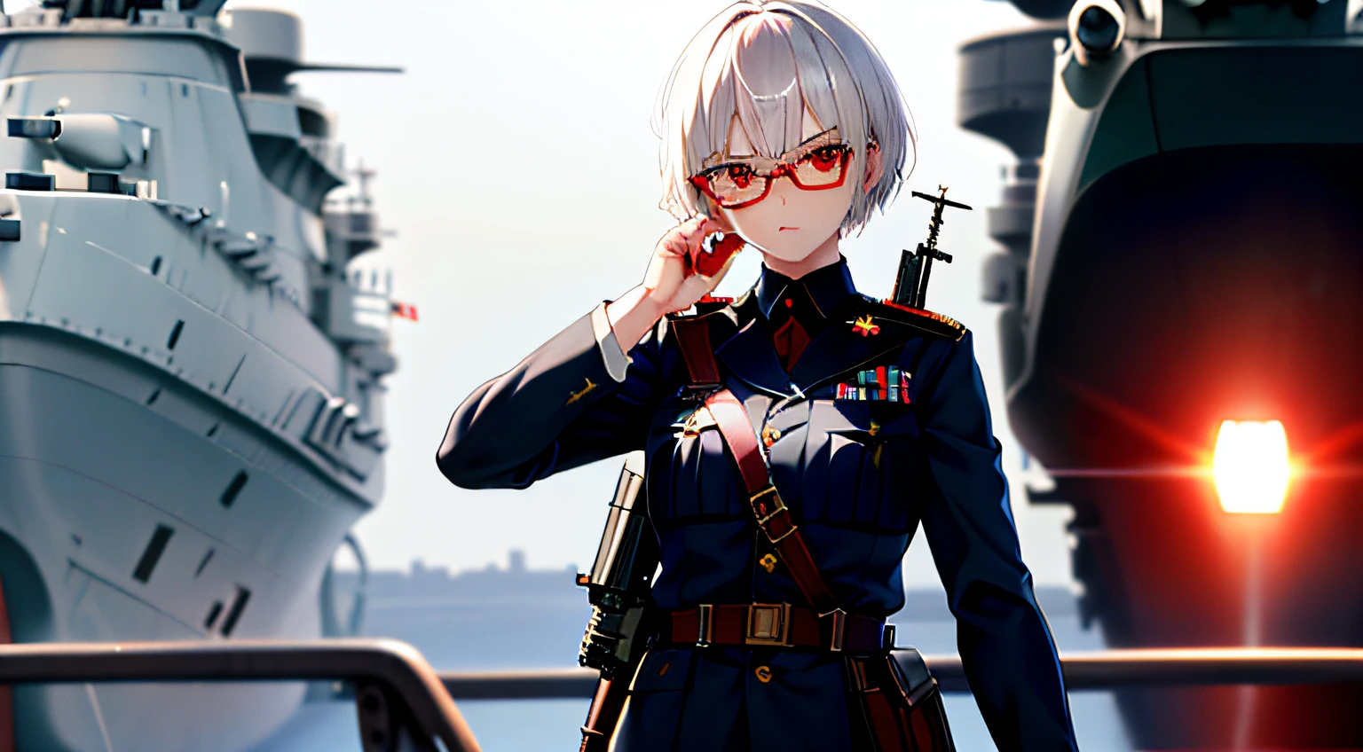 masterpiece , a girl, on battleship, ( lite white short hair:1.2), (red eyes:1.2), (russian spetsnaz millitary uniform:1.2), (looks at the viewer:1.2) , (8k, best quality 1.2), ultra-detailed, 8k uhd, soft lighting, high quality, film grain, beautiful lighting, cinematic ,perfect body , best illumination, best shadow, sharpness, contrast, red glasses, serious face