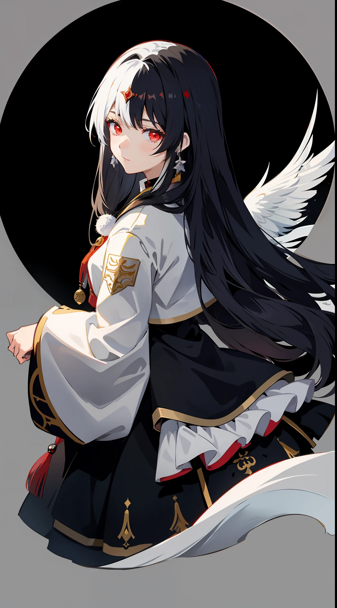 Only 1 anime female with long black hair and red eyes wearing a white imperial, onmyoji portrait, anime female hold dark orb, azur lane style, beautiful anime female, anime moe artstyle, cute anime, attractive, anime 21yo Female, black and white hair style