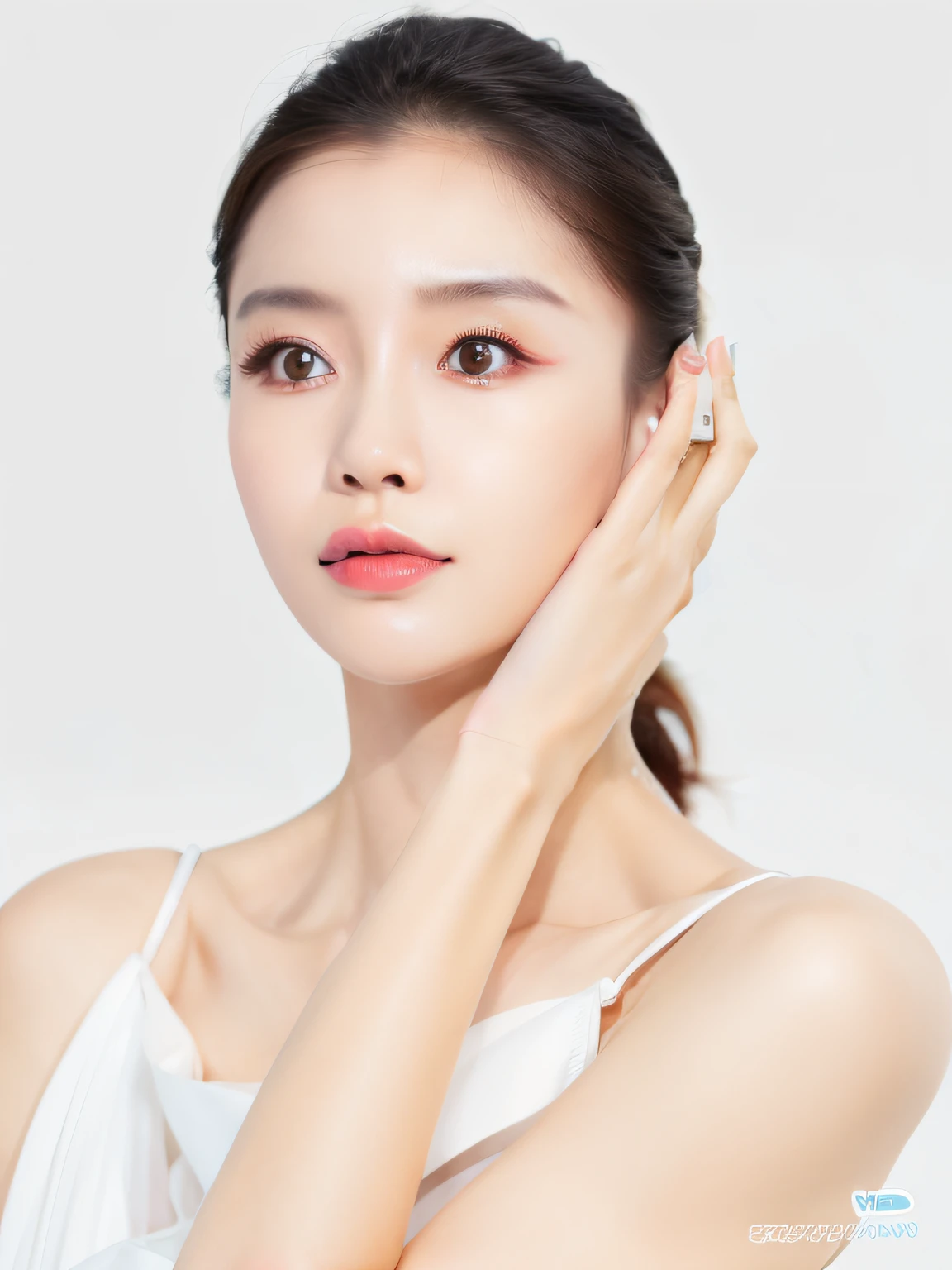 Korean woman in white blouse and white blouse puts her hands on her face, smooth translucent white skin, mask, white mask applied, translucent white skin, transparent face, one mask, transparent smooth face, mask, full face view, side view, light milky porcelain skin