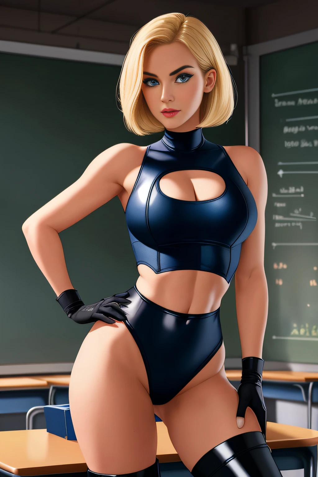 ((best quality)), ((masterpiece)), ((ultra realistic)), (dynamic heroic pose), american blonde, beautiful detailed face, detailed eyes, sexy teacher, dressed in a black leotard with a midriff cutout, classroom backdrop, highly detailed, professional, bare legs, (full body), hands on hip, bob hair, short hair, blue eyes, blue sleeveless tank top, black gloves, matching boots, standing, solo,