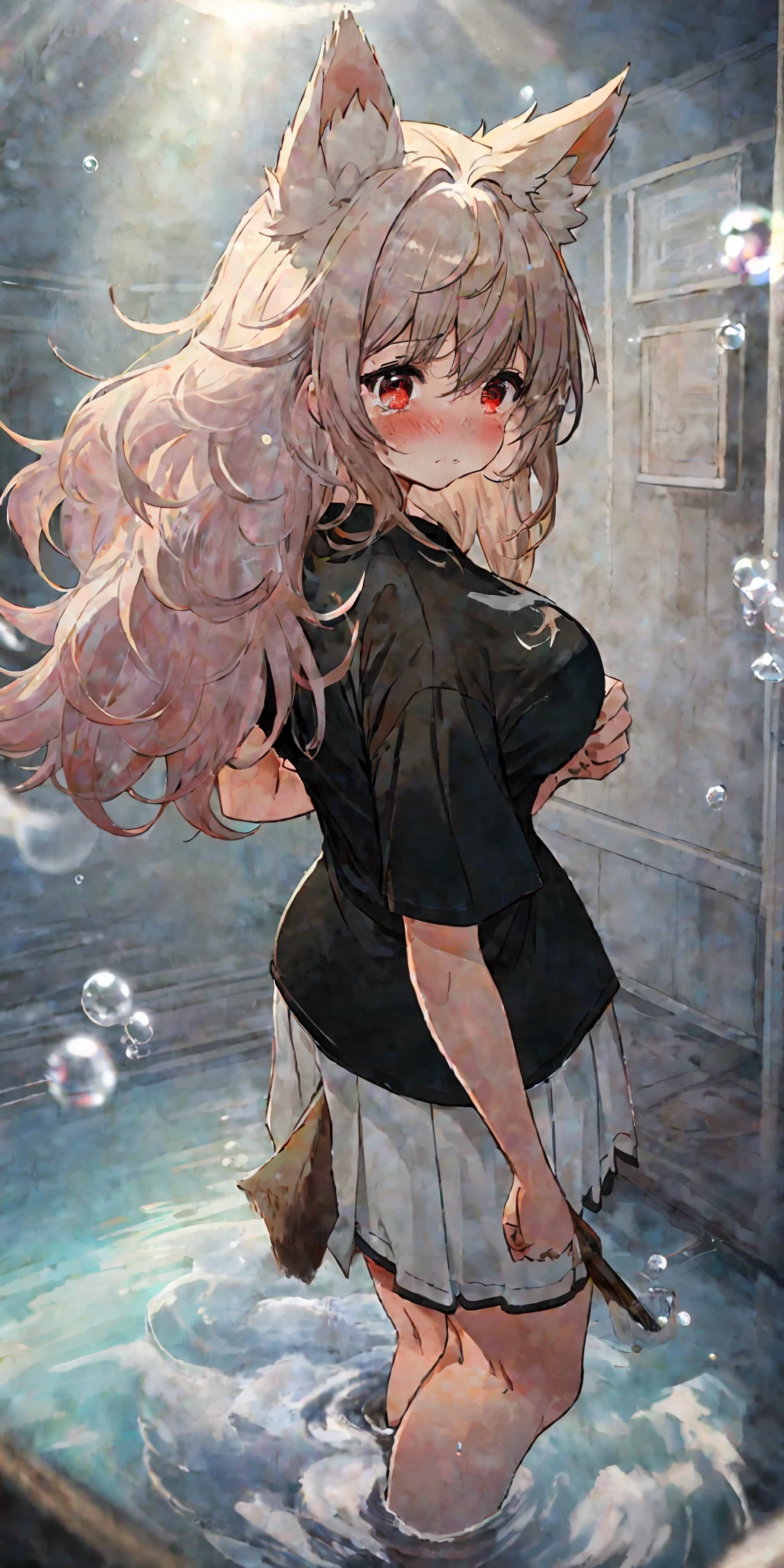 JK girl with her hands against the wall, back to back, turned back, turned back, perfect figure ((black tight T-shirt)), miniskirt, miniskirt, miniskirt, white transparent stockings, red eyes, animal ears, sweating, blushing, blushing, shy, crying, tearing, messy, soaked all over, soaked all over, soaked all over, bare back, exposed bottoms, protruding chest, messy clothes, ready to take off the clothes on the body, drenched, (swing, huge crystal, magic light, soap bubbles, Tyndall effect), Pastel color (high resolution: 0.2), (best quality), (masterpiece), (detailed),