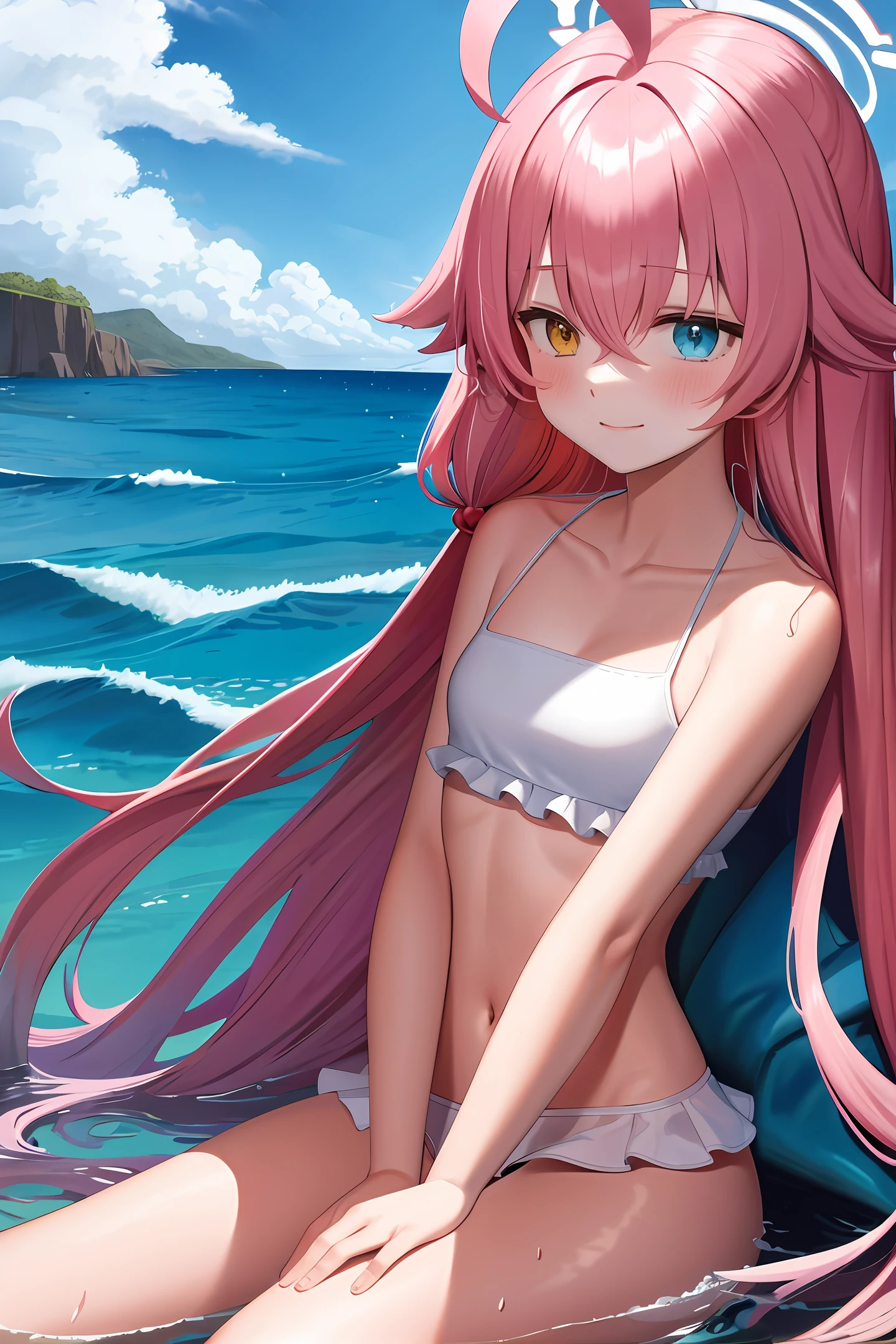 Long hair, girl, soaked hair, details, bikini, pink hair, bangs, seaside, lying on the water, shy