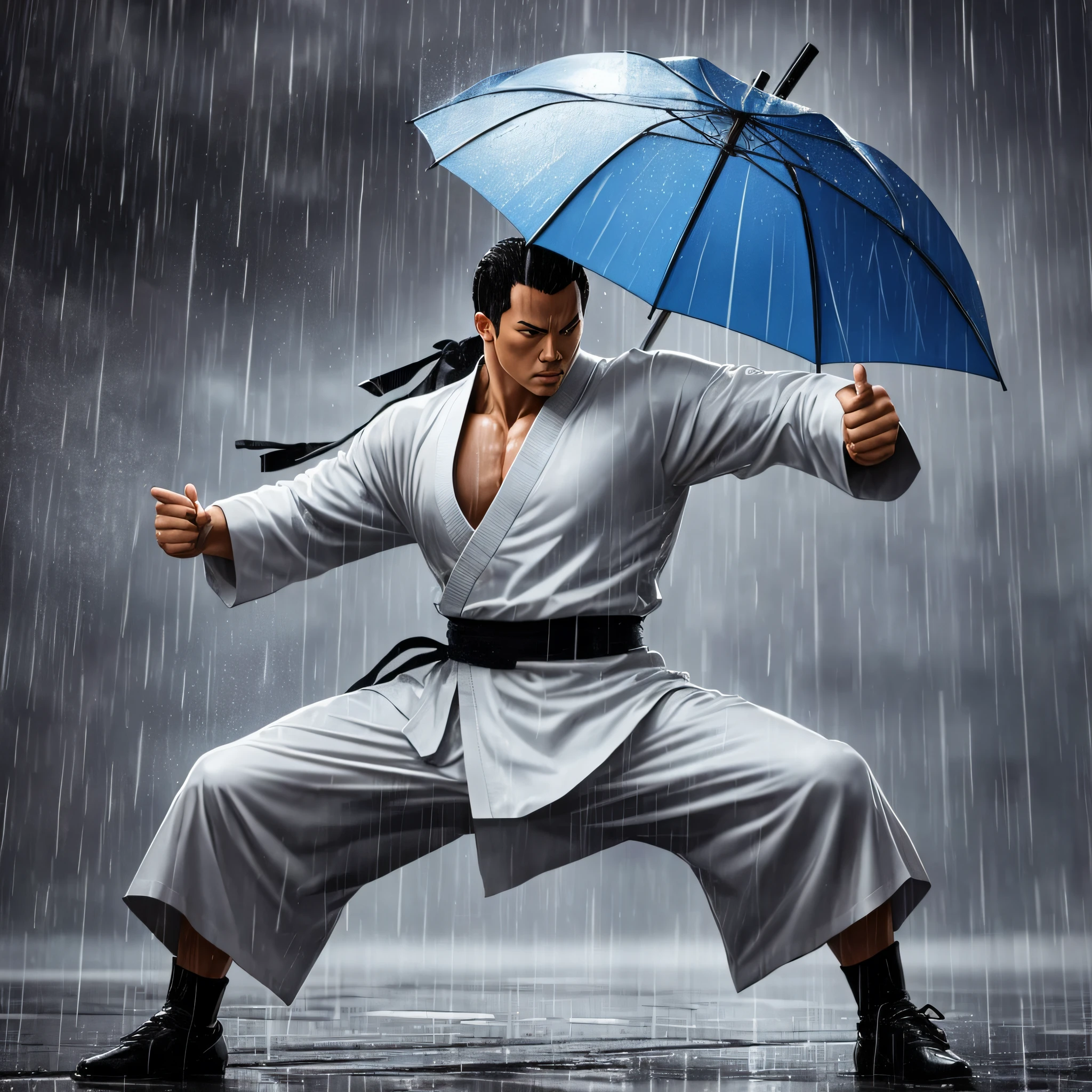 there is a man who is standing in the rain with an umbrella, modern kung-fu, inspired by Keisuke Itagaki, modern kung fu, dramatic cinematic action shot, inspired by Liao Chi-chun, rain!!!!, inspired by Baki, dramatic action shot, tai chi, rain, cinematic action shot in anime, inspired by Baki, fighting posture, dance in the rain --auto --s2